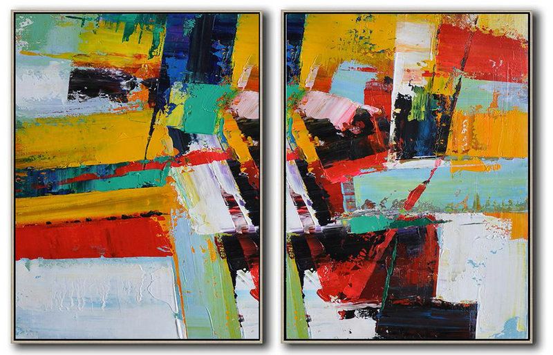 Extra Large Abstract Painting On Canvas,Set Of 2 Contemporary Art On Canvas,Acrylic Painting Large Wall Art Yellow,Red,White,Dark Blue,Black